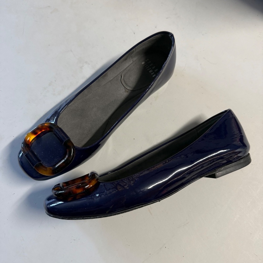 Stuart Weitzman Navy Blue Patent‎ Leather Tortoise Buckle Flats Shoes 6 M Spain